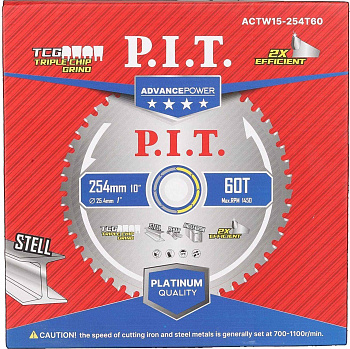 Диск пильный 254x25,4x1,6 P.I.T. 60T Carbide, зуб TCG 0° по металлу (ACTW15-254T60)