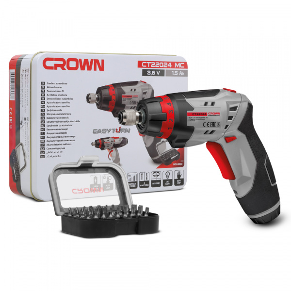 Отвертка акк CROWN CT22024 MC (3.5Нм, 1.5Ач, биты,  встр. фонарик, мет. кейс)