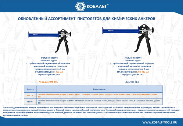 Пистолет для химических анкеров КОБАЛЬТ 300 мл., скелетный стальной корпус, 3-х штоковый поршень, ус
