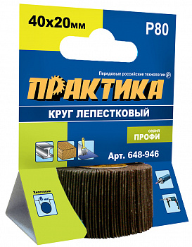 Круг лепестковый с оправкой ПРАКТИКА 40х20мм; Р80; хвостовик 6мм; Профи 648-946