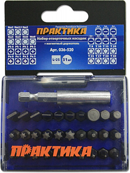 Набор бит Практика "Профи" 31шт PH 4шт PZ 4шт Torx 8шт LS 7шт HEX 7шт x 25мм м/д, кассета 036-520