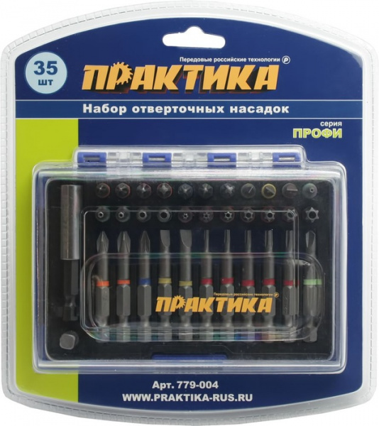 Набор бит Практика "Профи"  35шт, 25 и 50мм, PH, PZ, SL, Hex, Torx, Tri-Wing,  60 мм, кассе 779-004
