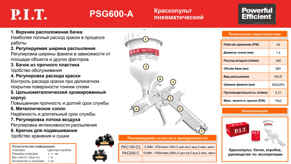 Краскопульт пневматический P.I.T. PSG600-A (43PSI, сопло 1,4мм, бак 0,6л, краска210мл/мин, 240л/мин)