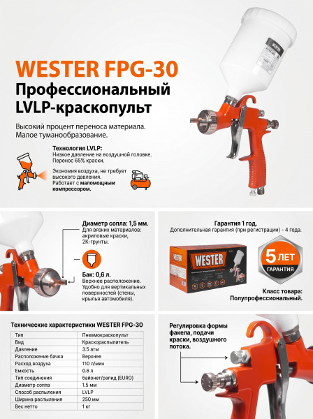 Краскопульт пневматический WESTER FPG-30 LVLP (0,6л, верхн.бак(нейлон) 1,5мм, 2-3,5 Бар, 85-110л/мин