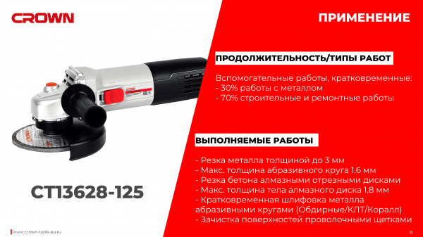 Шлифмашина угл CROWN CT13628-125 TB (780Вт 125мм, М14, сумка)