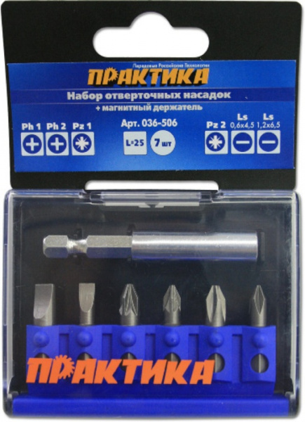 Набор бит Практика "Профи"  7шт PH1,2; PZ1,2; LS 2шт x 25мм, магнитный держатель, кассета 036-506