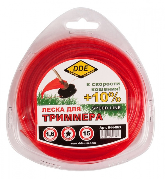 Леска триммерная в блистере DDE "Speed line" (звезда) 1,6 мм х 15 м, красный 644-863