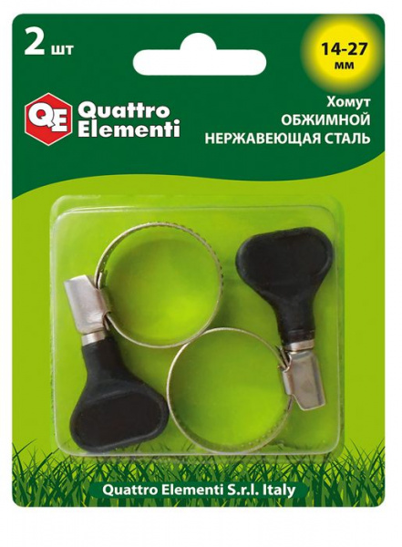 Хомут обжимной QUATTRO ELEMENTI 14-27 мм, нержавеющая сталь, с ключом, 2 шт, в блистере