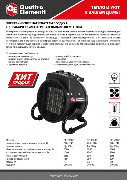 Нагреватель воздуха электр.керамич. QUATTRO ELEMENTI   QE-2000C (2кВт, 130 м.куб/ч, 220 В) 649-226