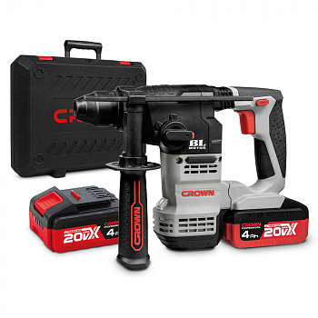 Перфоратор акк CROWN CT28001HX-4 BMC (B3+, 20В, бесщет.двиг., 2акк*4,0Ач, SDS plus, 2,3Дж, 3 режима, 0-4500уд/мин, 0-1400об/мин, КЕЙС, доп.рукоятка)