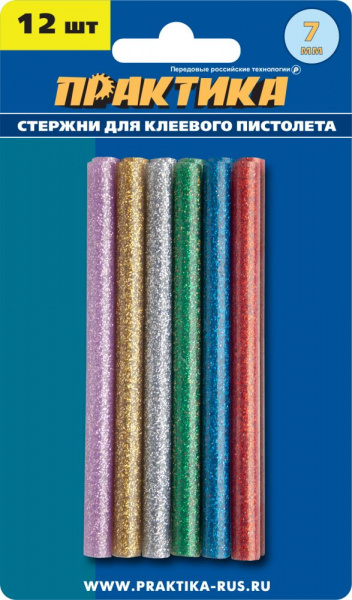 Клей для клеевого пистолета ПРАКТИКА цветные, 6 цветов; металлик; 7 х 100мм; 12шт/блистер 649-349