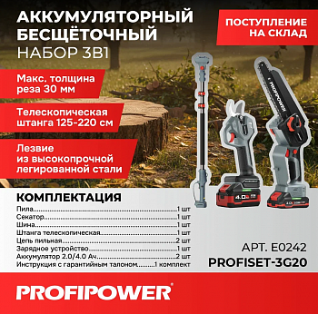 Набор инструментов акк Profipower (3 в 1) УШМ ProfiSet-3G20 с телескоп. штангой,20В, Li-ion-2шт,4.0Ач-1шт,2.0Ач,в коробке (E0099, E0216) E0242 (3)