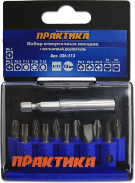 Набор бит Практика "Профи" 12шт PH 3шт PZ 3шт Torx 3шт LS 2шт x 25мм держатель, кассета 036-513