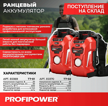 Аккумулятор ранцевый Profipower T7-02 20V, 6.0Ah, Li-ion, Вт*ч1200, индикатор заряда  E0370