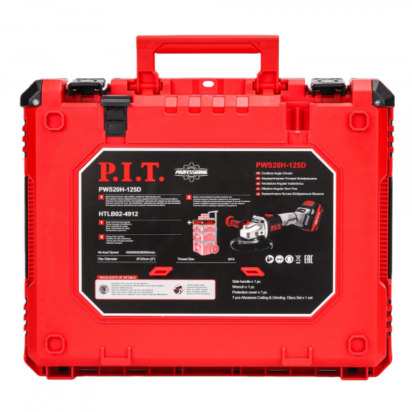 Шлифмашина угл акк бесщет P.I.T. PWS20H-125D кейс STACKIN (20В, 125мм, 3ск, 2х4,0Ач, ЗУ)