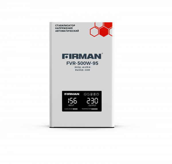 Стабилизатор FIRMAN   FVR-500W-95  (однофаз., релейный, настенный; цифр.дисплей,шнур/розетка; 500В 5