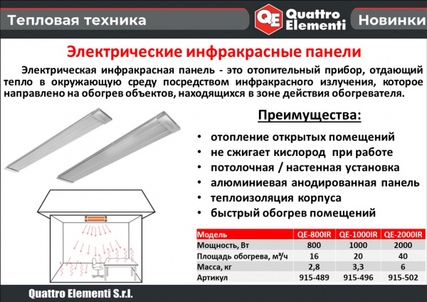 Инфракрасный электрический обогреватель QUATTRO ELEMENTI QE-1000IR панель