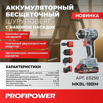 Шуруповерт акк бесщет Profipower MKBL-18BM 18В, 0-500/1600об/м, 45Нм, БЗП, 2*2Ач, сменные насадки, кейс  E0250  (5)