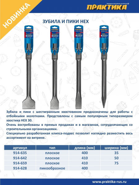 Долото HEX плоское ПРАКТИКА 30x400x35mm серия Эксперт (914-635)