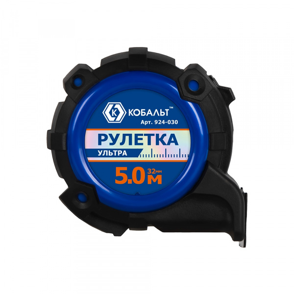 Рулетка КОБАЛЬТ УЛЬТРА 5м х 32мм, обрезиненный корпус, нейл. покр. ленты 0.13 мм, широкий магнит, тр