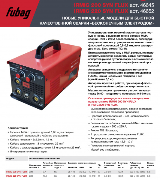 Сварочный полуавтомат FUBAG IRMIG 220 SYN FLUX (230В,MMA/FLUX/TIG)