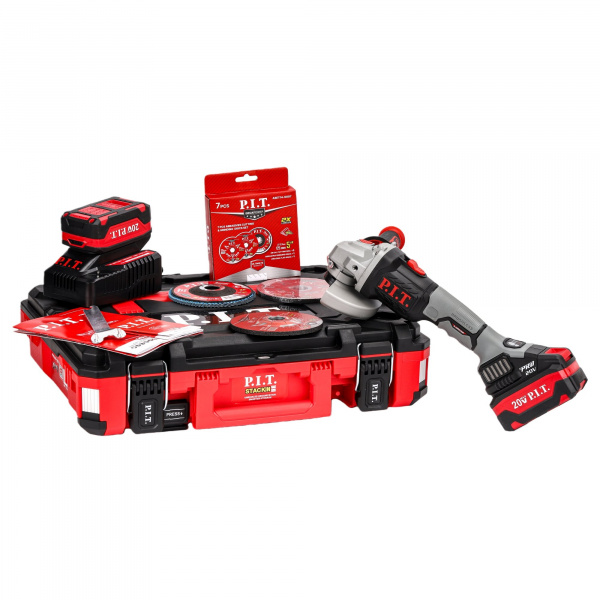 Шлифмашина угл акк бесщет P.I.T. PWS20H-125D кейс STACKIN (20В, 125мм, 3ск, 2х4,0Ач, ЗУ)