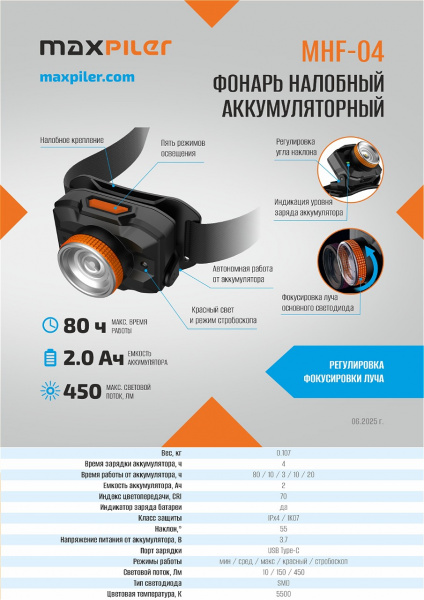 Фонарь налобный аккум. MAXPILER MHF-04 (450/150/10 Лм, LED SMD, 55*, 5 реж, 3-80ч, фокус. света)