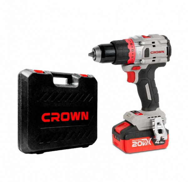 Дрель акк бесщет. CROWN CT21127HMX-4 BMC 20 B3+, 2*4Ач, 50/100Нм, 0-500/0-2100, БЗП 13мм, металл 13