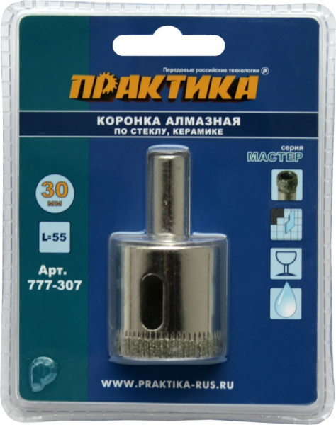 Коронка алм. ПРАКТИКА " Мастер " по стеклу и керамике 30мм(1шт) блистер 777-307