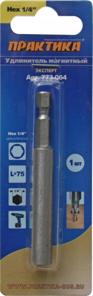 Удлинитель магнитный цельнолитой Практика  HEX1/4" 75 мм 773-064