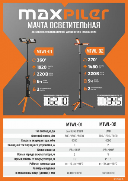 Мачта осветительная MaxPiler MTWL-02 (700/1200/2000 Лм, АКБ 4Ач, время работы 2-8.5ч)