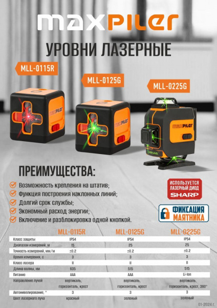 Уровень лазерный MaxPiler MLL-0125G (раб. диап.25м, зел.лазер, 2 луча, фикс., резьба под штатив,3х1.