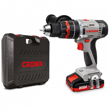 Дрель акк ударная CROWN CT21075HMX-2 BMC (B3+, 20В, 2акк*2,0Ач, Li-ion, БЗП металл. 13мм, 0-400/0-1500об/мин, 55Нм, КЕЙС, поясная клипса, доп.рук.)