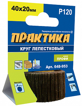 Круг лепестковый с оправкой ПРАКТИКА 40х20мм; Р120; хвостовик 6мм; Профи 648-953