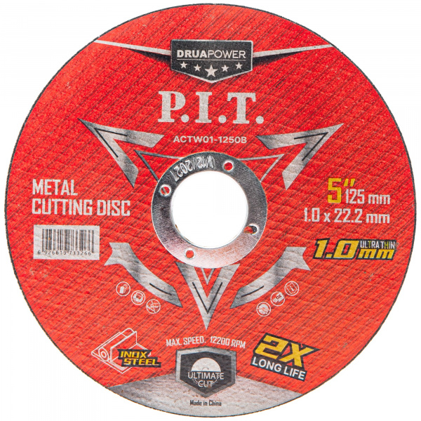 Диск отрезной по нерж. стали P.I.T. DRUA ACTW01-1250B (125x22,2x1,0 мм, 10 шт, метал. бокс)