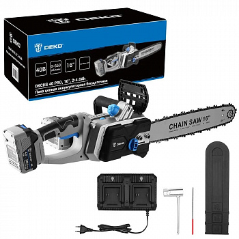 Пила цепная акк DEKO DKCHS 40 PRO б/щет, 16", 2х20В, 2x4.0Ач, двойное ЗУ, коробка  083-2002