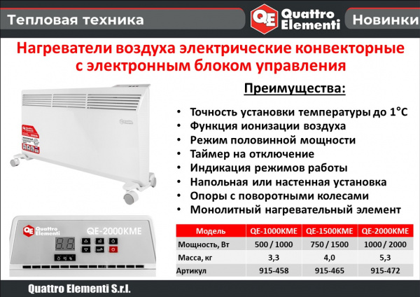Конвектор QUATTRO ELEMENTI QE-1000KME (1 кВт, с эл.блоком управления, ТЭН монолит.) 915-458