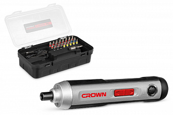 Отвертка акк CROWN CT22033 IMC (3,6В, Li-ion, встр.акк.2.0Ач, 200об/мин, 7,2Нм, патрон 1/4", КЕЙС, набор бит 25шт., кабель Type-C/USB, коробка)