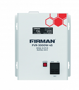 Стабилизатор FIRMAN  FVR-3000W-45 (однофазный, релейный, настенный, цифр.дисплей, клеммный+розетка, 3000Вт, 45-275В)