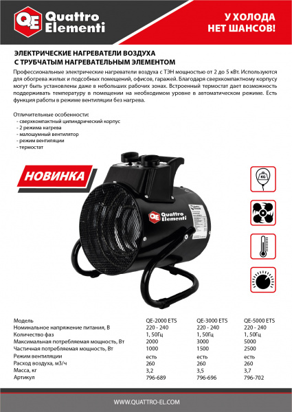 Нагреватель электрический QUATTRO ELEMENTI QE-3000 ETS (3кВт, 260 м.куб/ч, 220 В, реж вент)