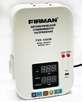 Стабилизатор FIRMAN  FVR-1000W (однофазный, релейный, настенный, цифр.дисплей, светодиодн.идикация, шнур/розетка, 1000Вт, 100-260В, USB, 3,2кг)