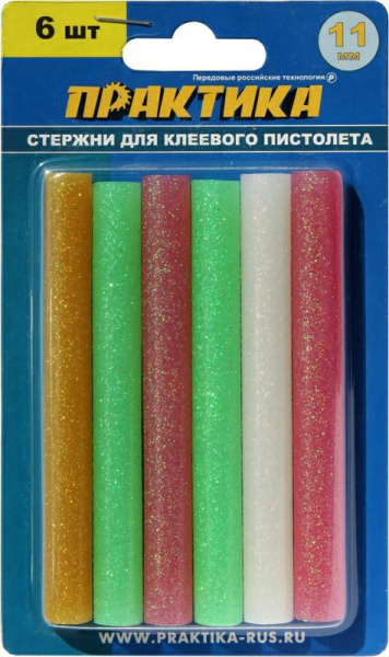 Клей для клеевого пистолета ПРАКТИКА цветной, с блестками, 11 х 100 мм, 6шт / блистер 790-229