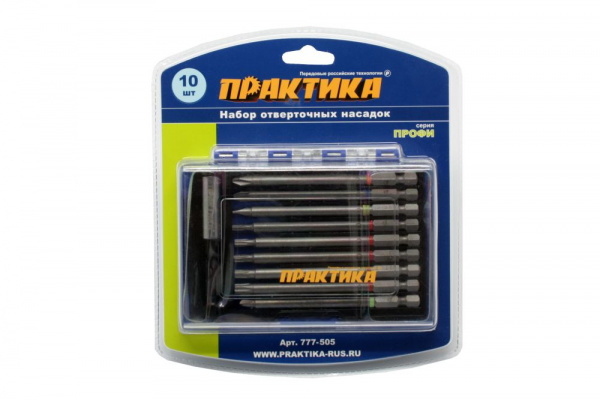 Набор бит Практика "Профи"  10шт, 100 мм, PH, PZ, SL, Torx, Tri-Wing,  75 мм, кассета 777-505
