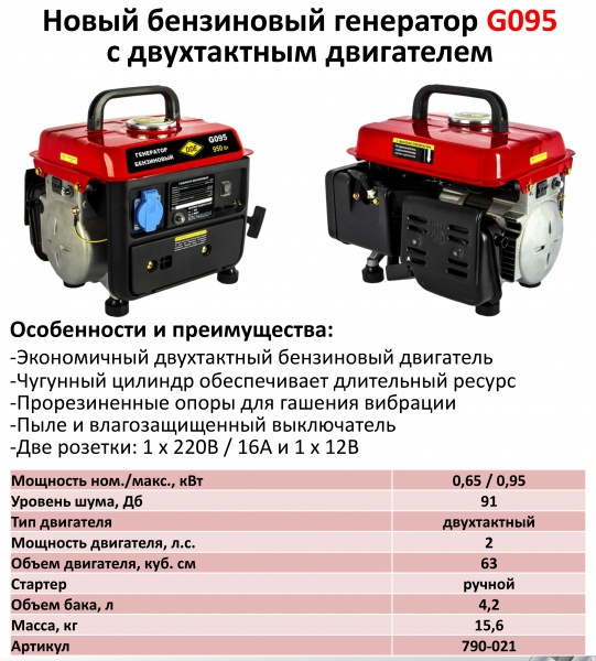 Электростанция бенз.DDE G095 (650/950 Вт, бак 4,2 л, дв-ль 2 такта, 2 л.с., 1 ф. + 12 В)  790-021