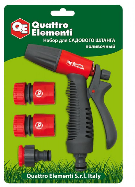 Пистолет поливочный QUATTRO ELEMENTI 1-режимный, мяг. пластик, рег-ка напора+набор соединителей 3шт