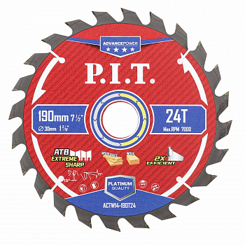 Диск пильный 190х30х24Т P.I.T. 1,4 мм 24T Carbide, зуб ATB 15° (ACTW14-190T24)