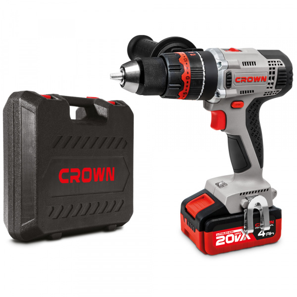Дрель акк CROWN CT21075HMX-4 BMC (20В, 2х4,0А/ч Li-ION ударный, БЗП13мм метал, 60Нм, кейс)