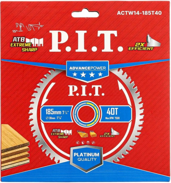 Диск пильный по дереву P.I.T. ADVANCE 185x30x1,4 мм, 40T Carbide, зуб ATB 15° (ACTW14-185T40)